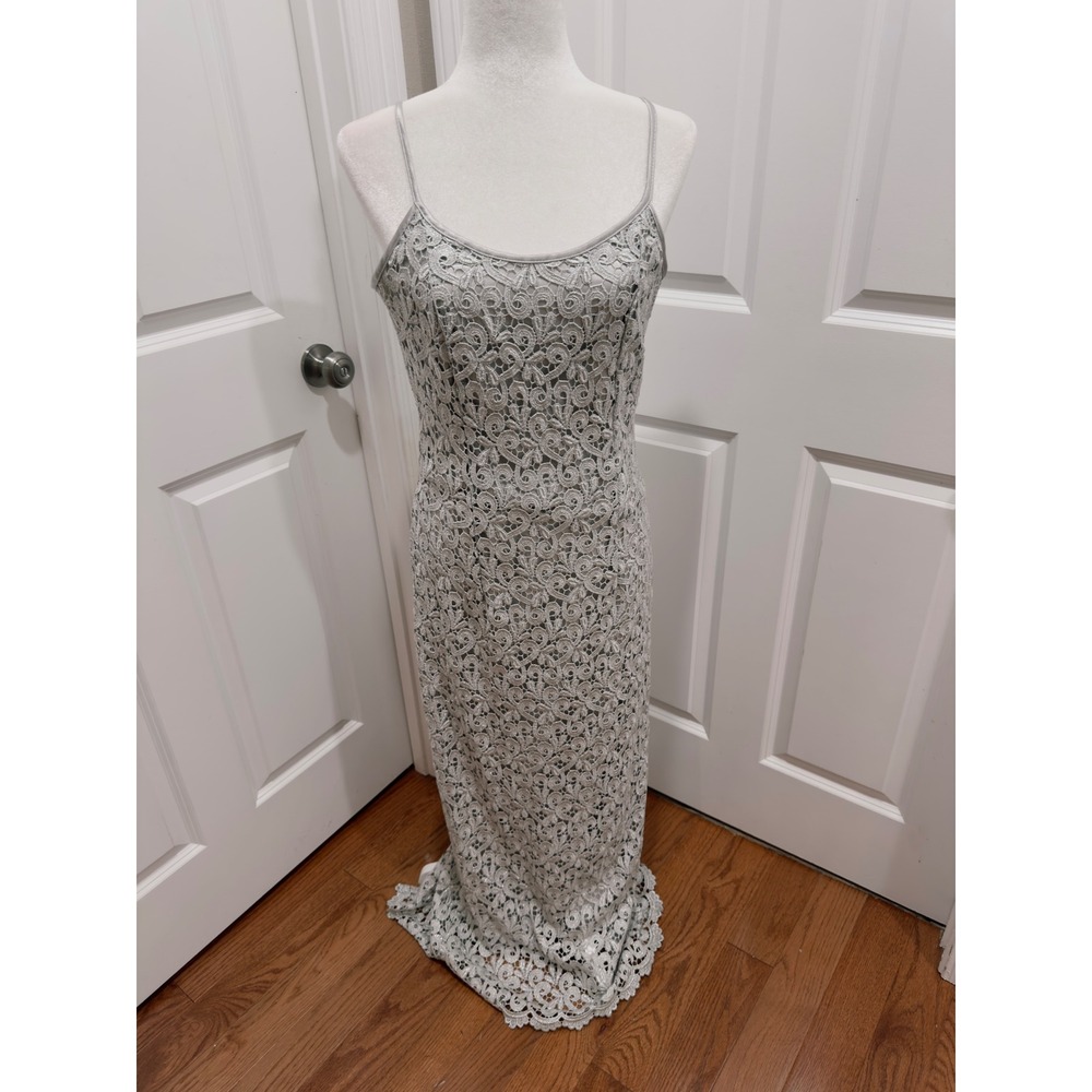 Vintage Y2K Silver Metallic Lace Formal Evening Gown Maxi Dress Size 9-10 USA